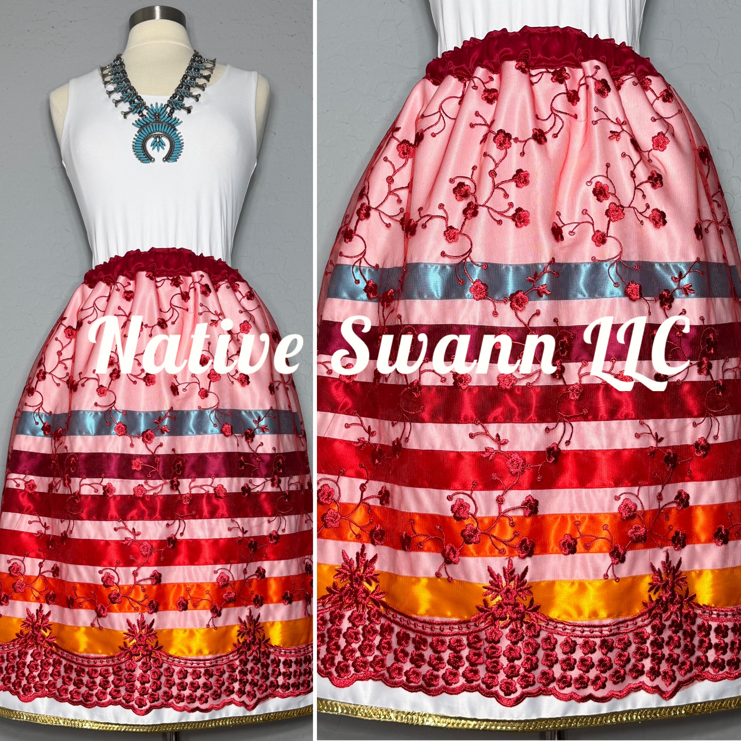 Red Florals Overlay Satin Ribbon Skirt