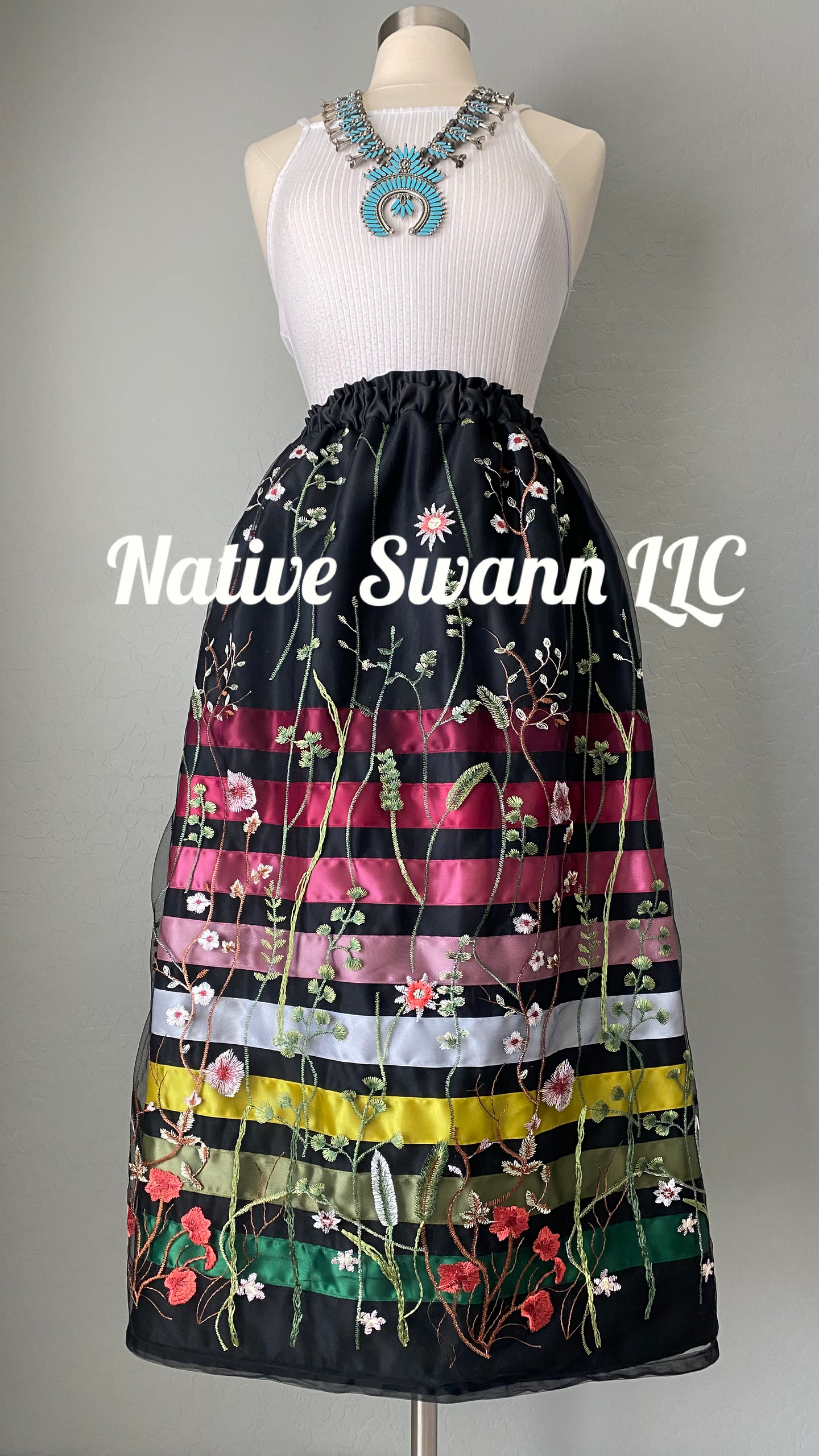 Black Floral Emb. Long Overlay Satin Ribbon Skirt