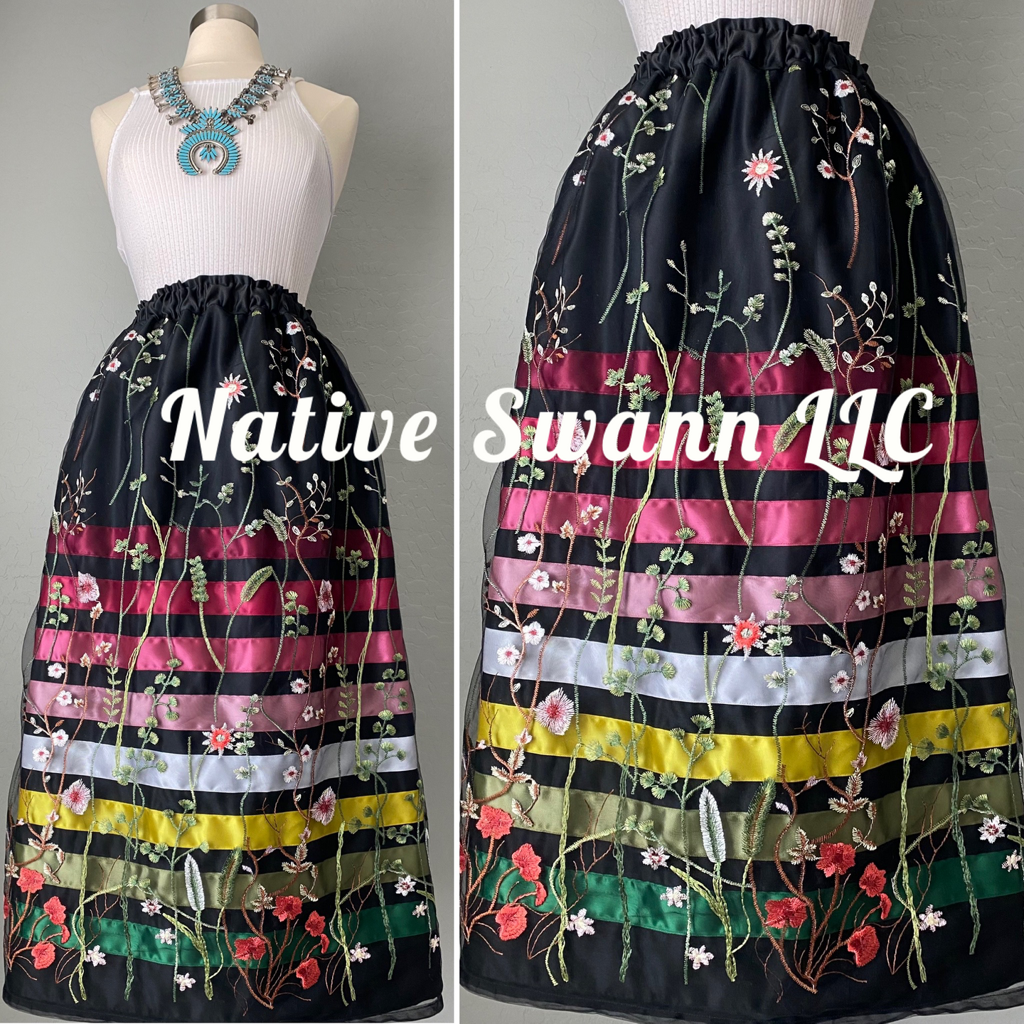 Black Floral Emb. Long Overlay Satin Ribbon Skirt