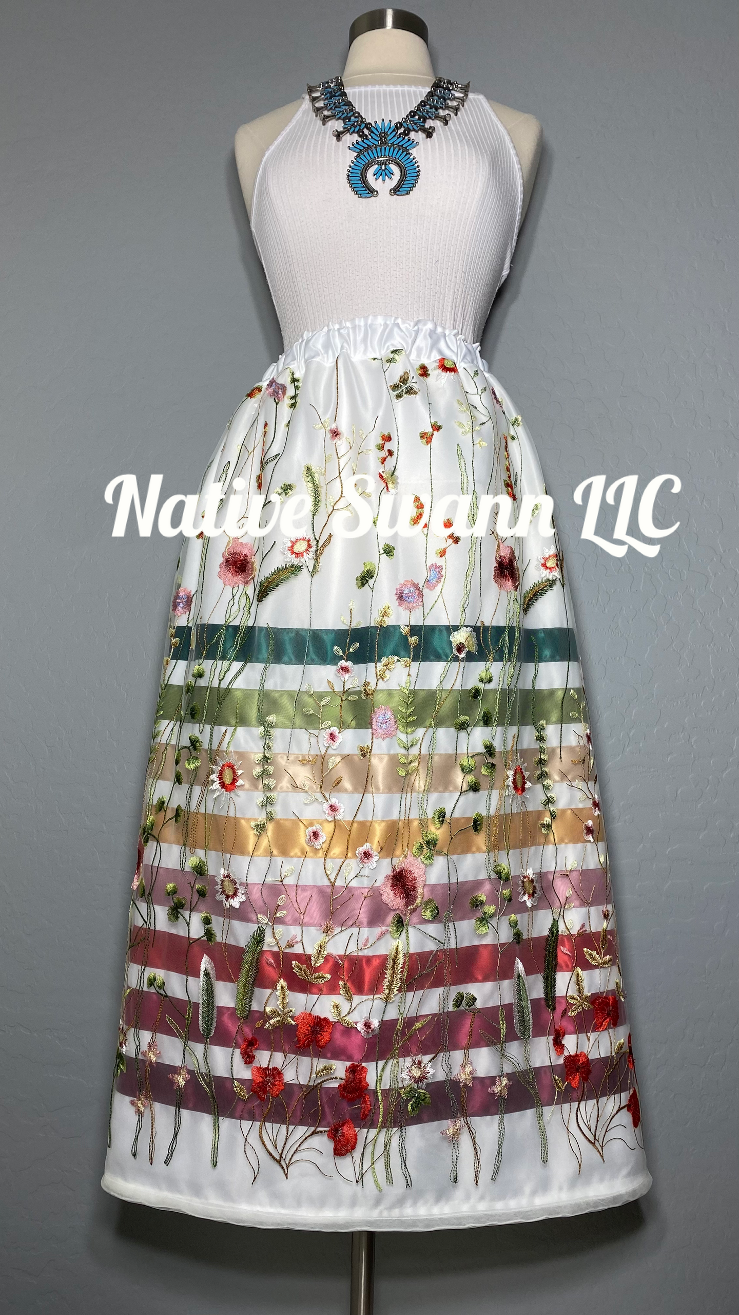 Cream Embroidery Overlay Satin Ribbon Skirt