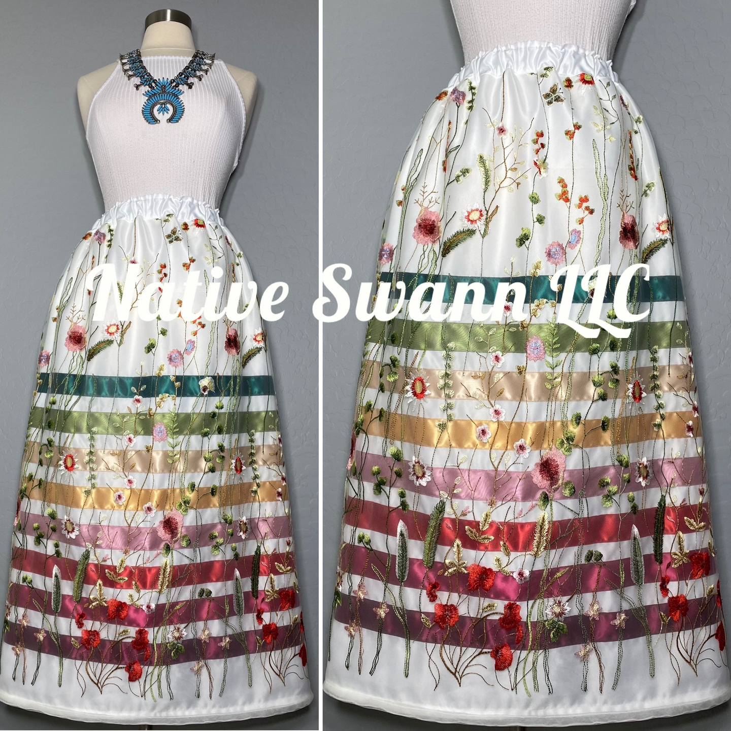 Cream Embroidery Overlay Satin Ribbon Skirt