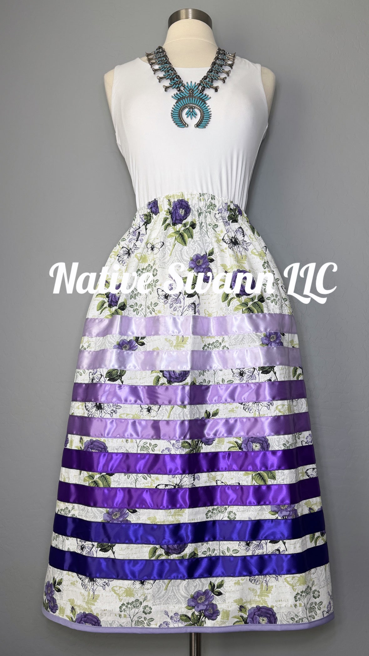 Lavender Purple Floral Cotton Ribbon Skirt w/ Pockets