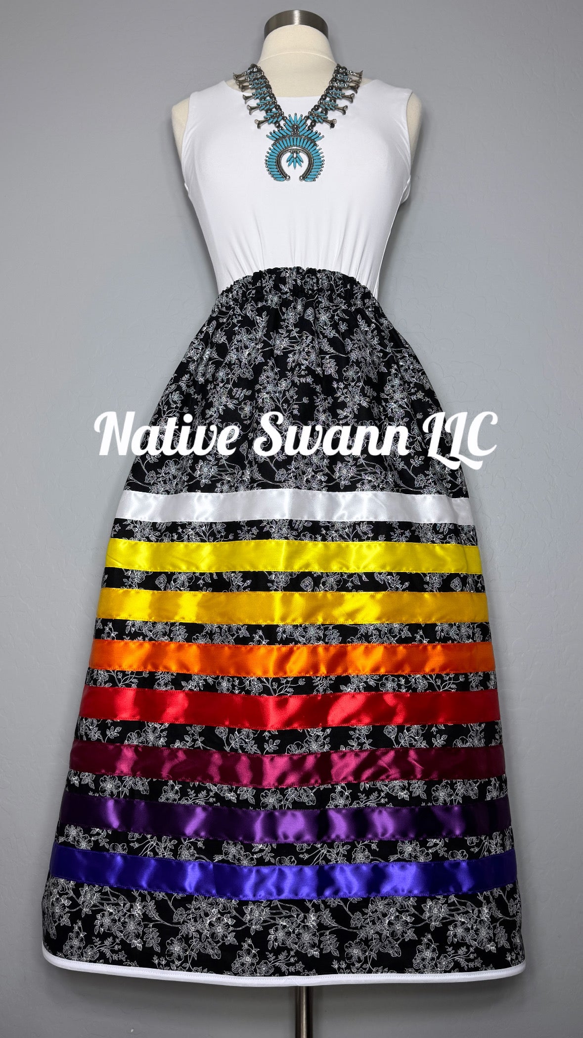 Black + White Floral Cotton Ribbon Skirt w/ White Trim & Pockets