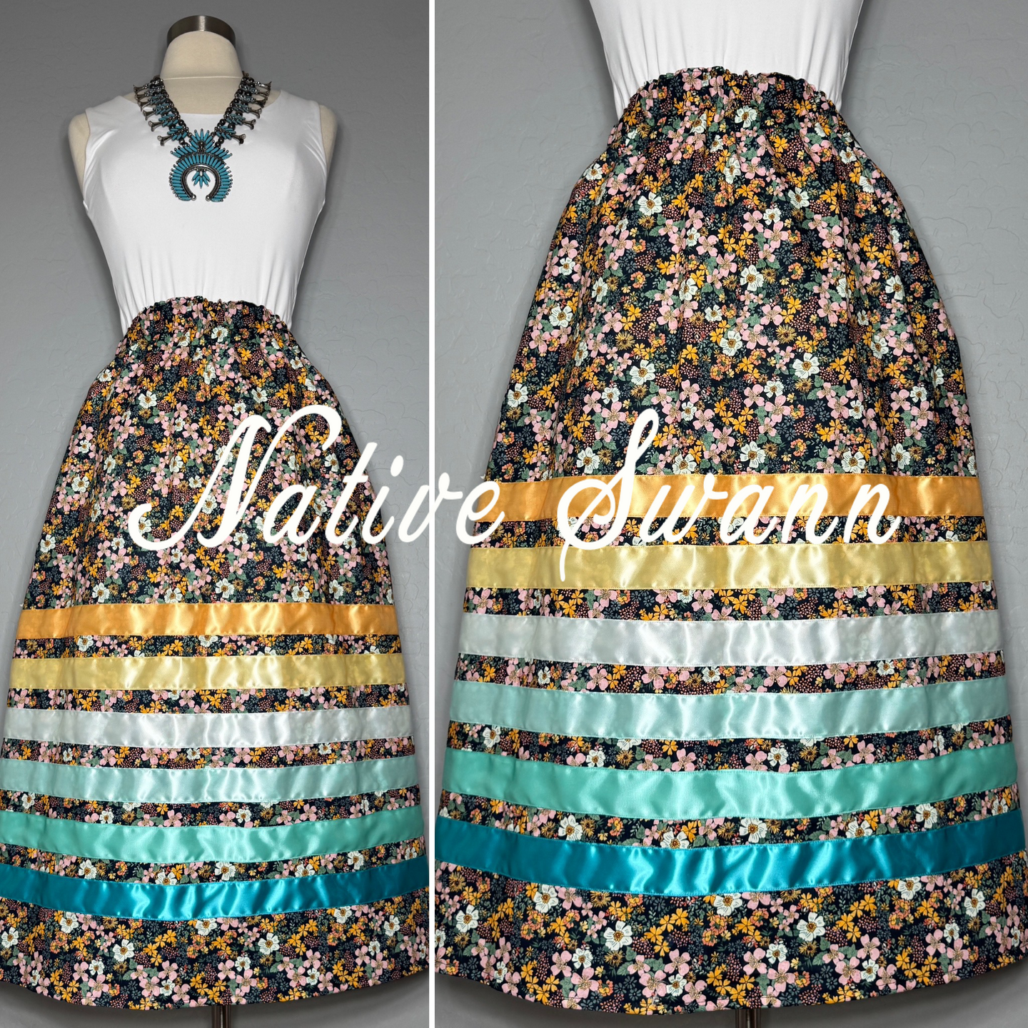 Multi-Color Flowers Cotton Ribbon Skirt