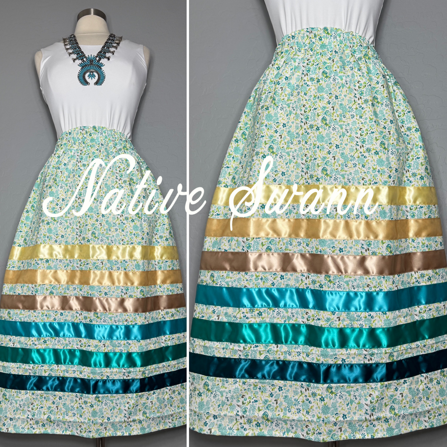 Mint-Green Floral Cotton Ribbon Skirt
