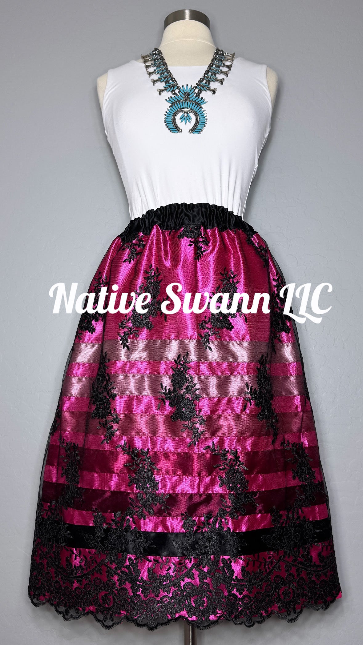 Fuchsia + Black Floral Overlay Satin Ribbon Skirt