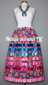 Pink Flowers Cotton Ribbon Skirt w/ Pockets & Pink Satin Bias Tape Trim & pink Ric rack