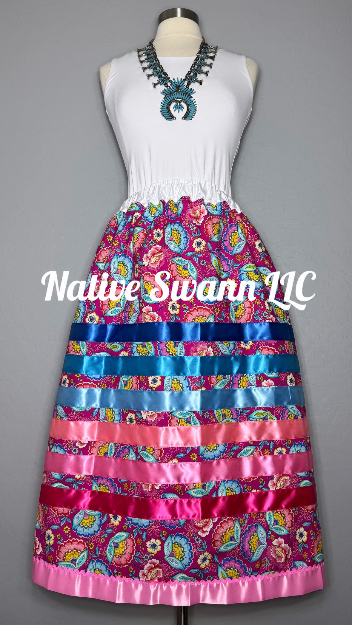 Pink Flowers Cotton Ribbon Skirt w/ Pockets & Pink Satin Bias Tape Trim & pink Ric rack