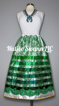Green Floral Overlay Satin Ribbon Skirt w/ Gold Trim