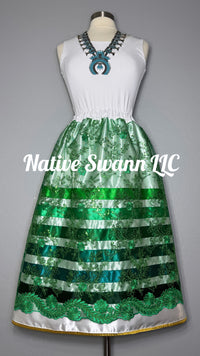 Green Floral Overlay Satin Ribbon Skirt w/ Gold Trim