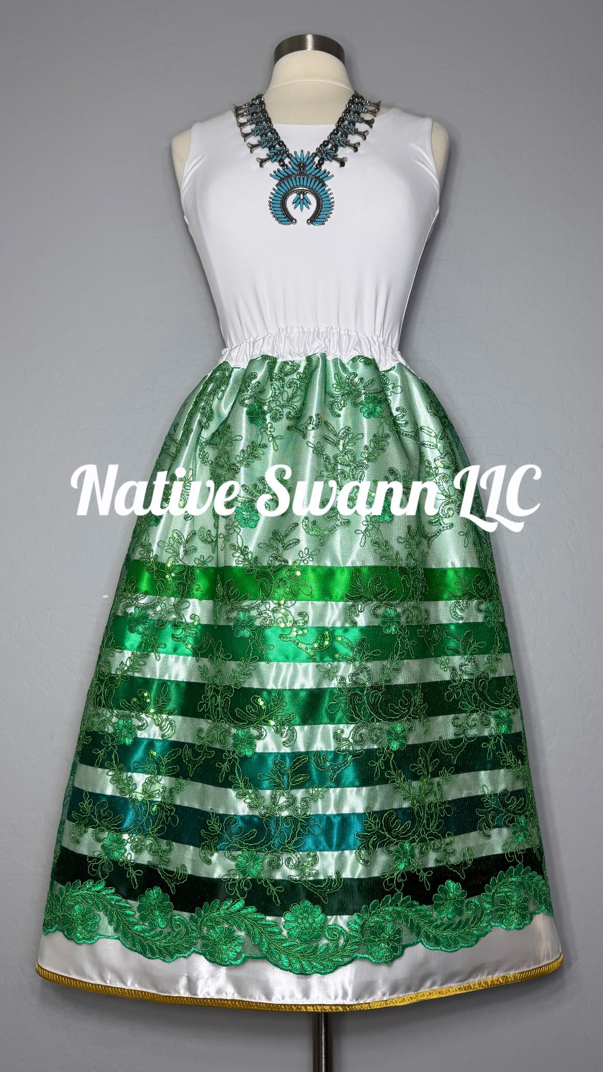 Green Floral Overlay Satin Ribbon Skirt w/ Gold Trim