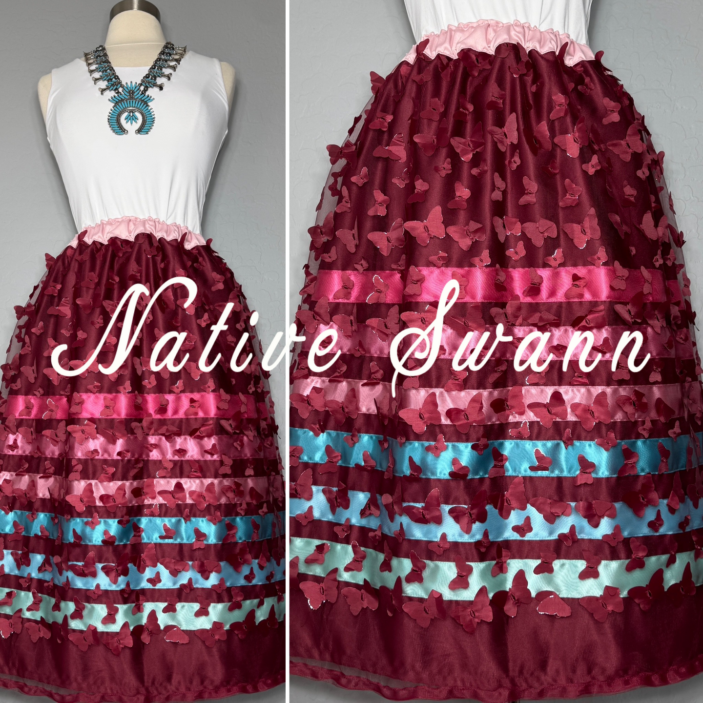 Burgundy Butterflies Overlay Satin Ribbon Skirt