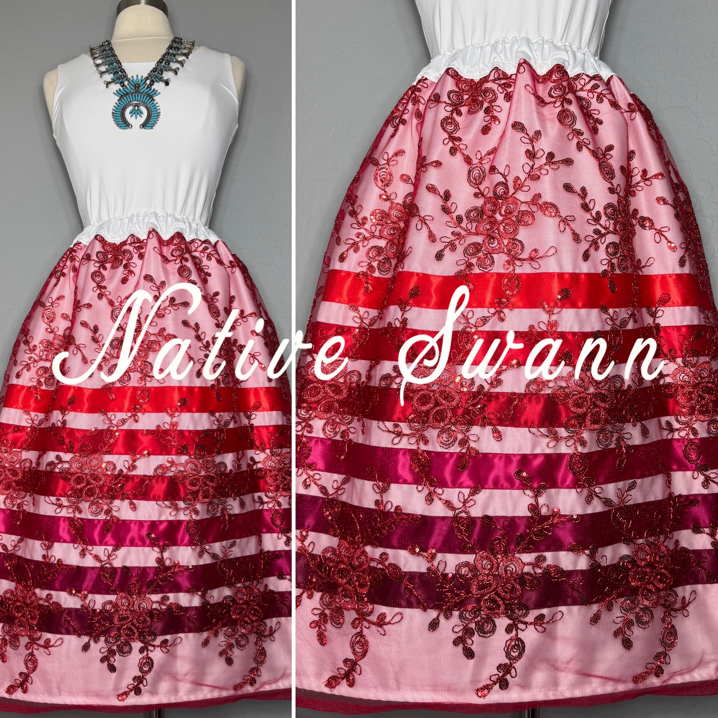 Red Floral Sequins Overlay Satin Ribbon Skirt