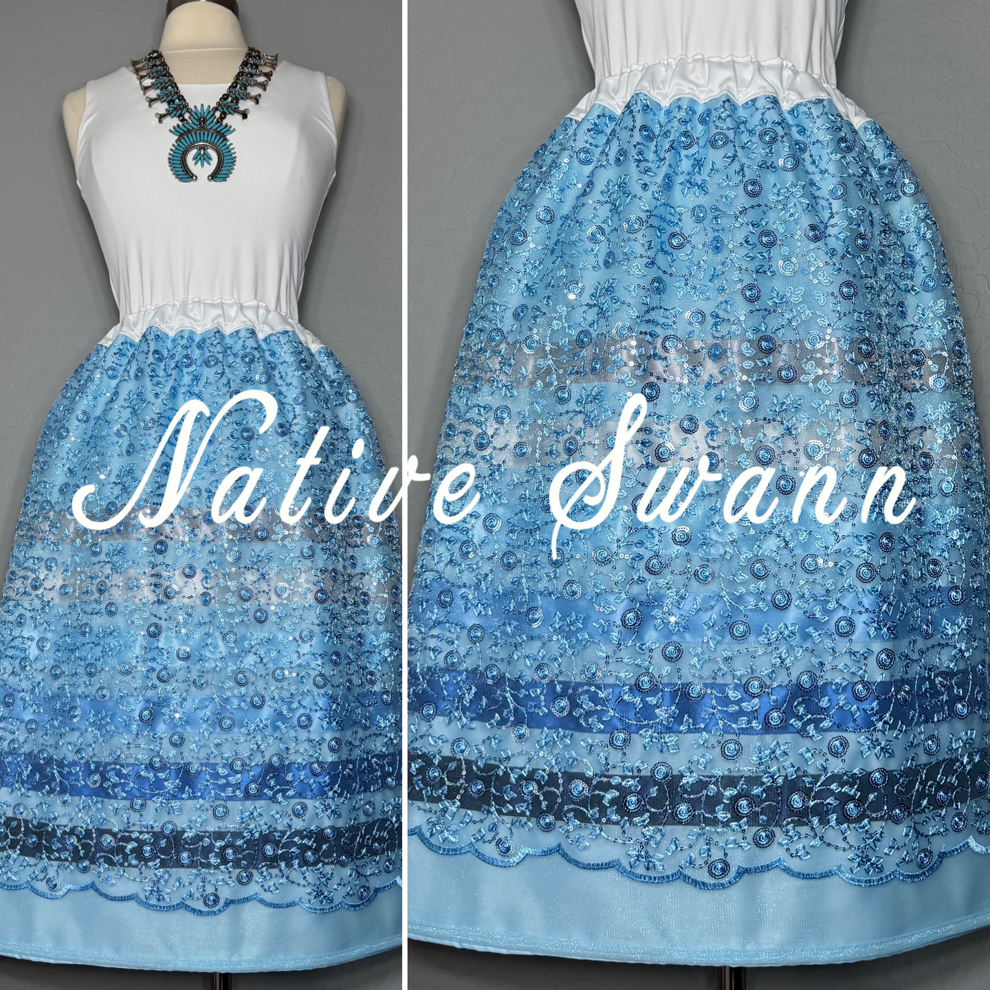 Lt Blue Mini Floral Overlay Satin Ribbon Skirt