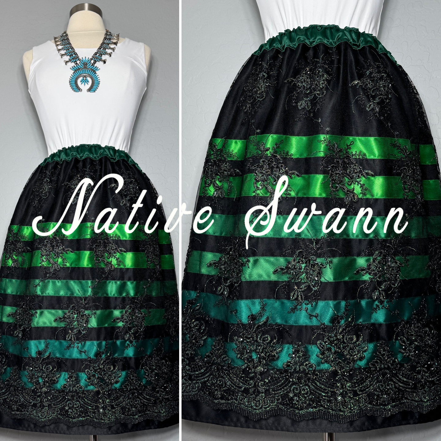 Green+Black Overlay Satin Ribbon Skirt