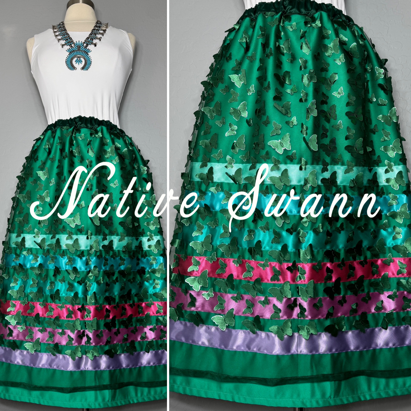 Green Hunter Butterflies Overlay Satin Ribbon Skirt