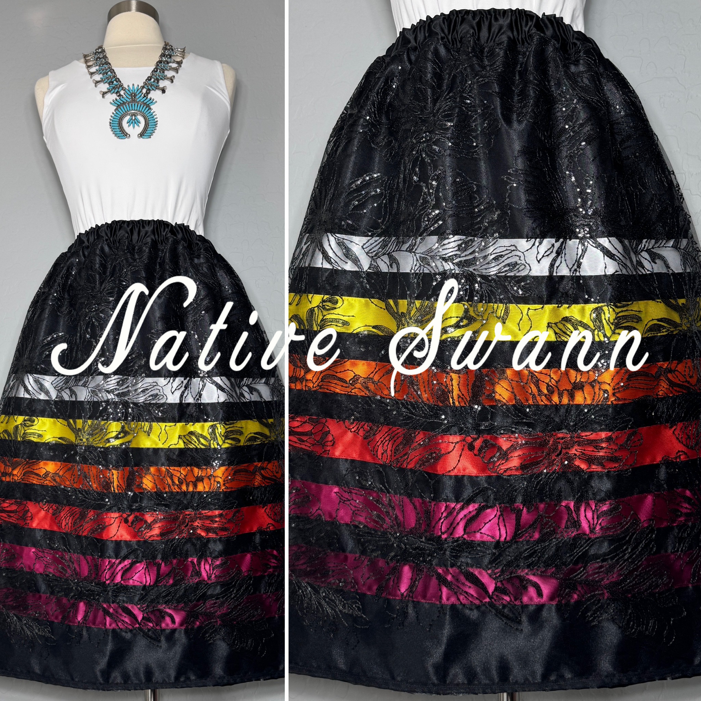 Black Leaf Overlay Satin Ribbon Skirt