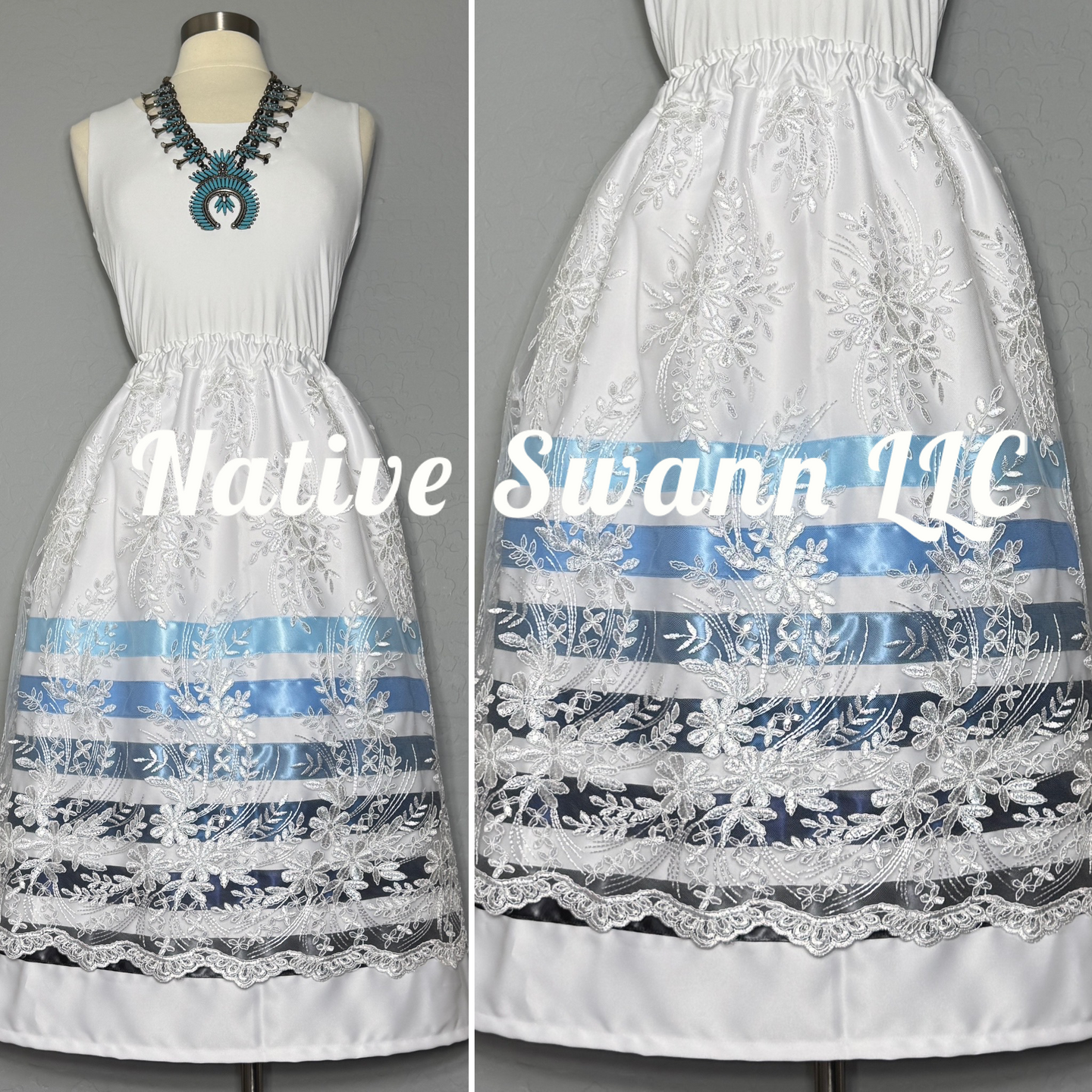 White Floral Overlay Satin Ribbon Skirt