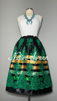 Green-Black Floral Overlay Satin Ribbon Skirt