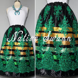 Green-Black Floral Overlay Satin Ribbon Skirt