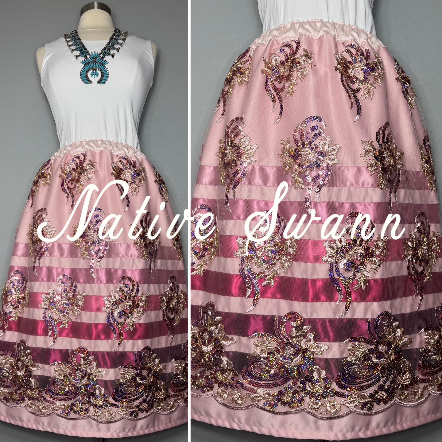 Mauve+Pink Sequins Floral Overlay Satin Ribbon Skirt