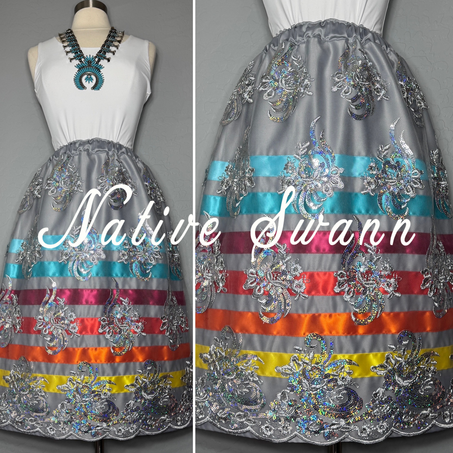 Multi-Color Silver Grey Floral Overlay Satin Ribbon Skirt