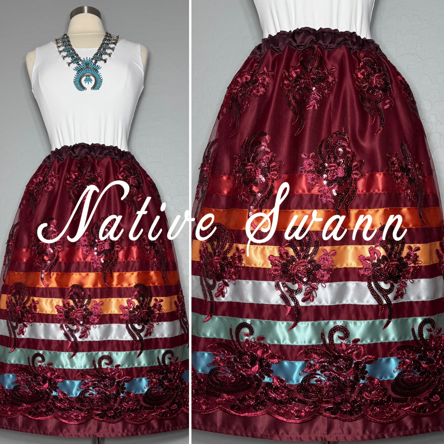 Burgundy+Rust Floral Overlay Satin Ribbon Skirts