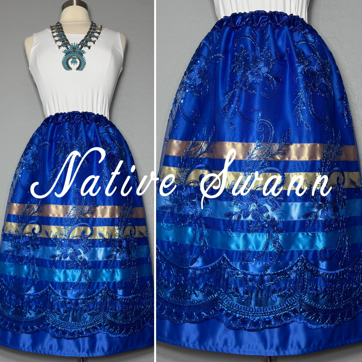 Royal Blue Floral Overlay Satin Ribbon Skirt