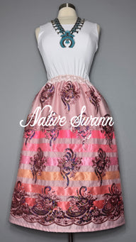 Soft Pink+Sherbet Sequins Floral Overlay Satin Ribbon Skirt