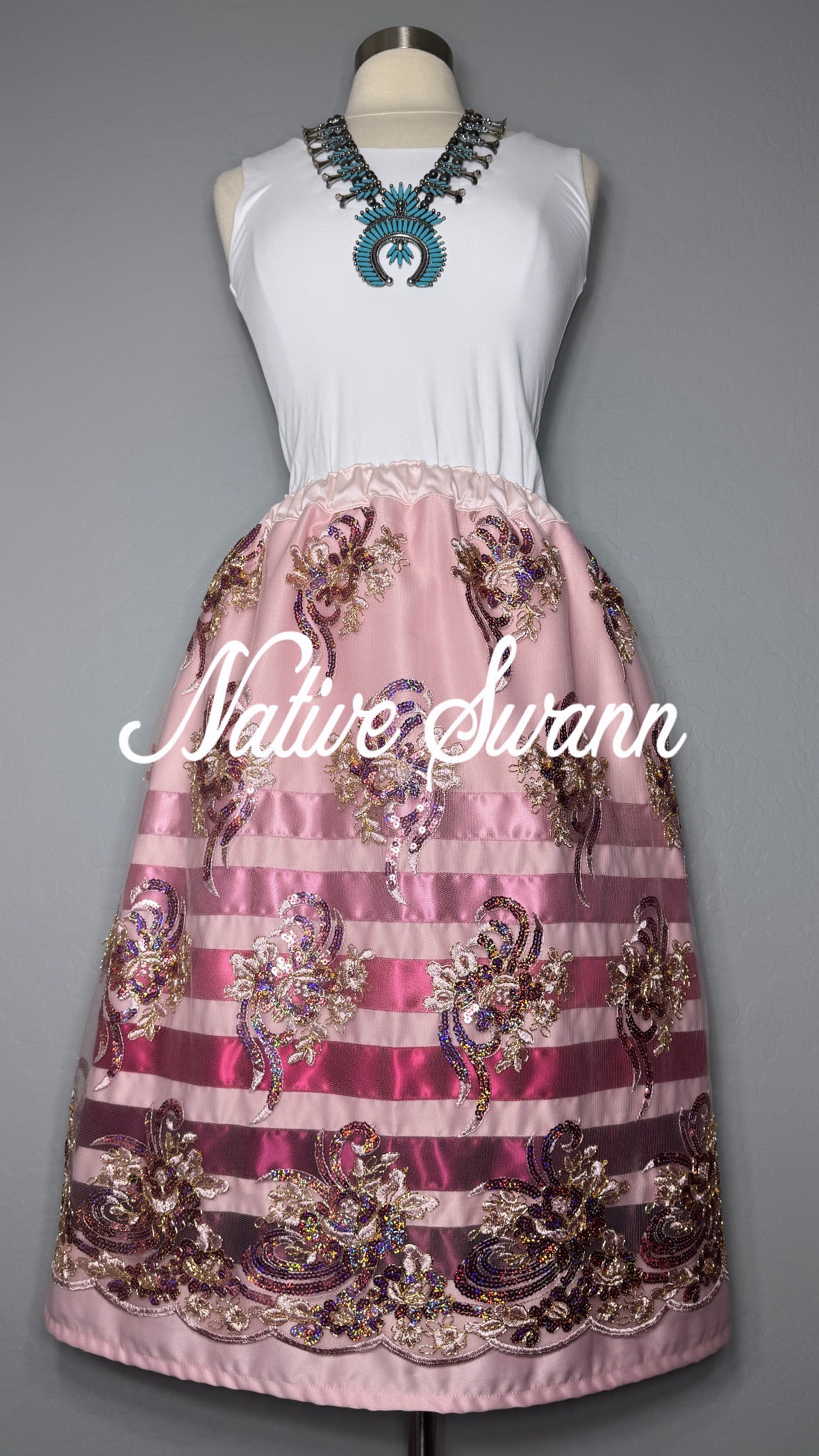 Mauve+Pink Sequins Floral Overlay Satin Ribbon Skirt