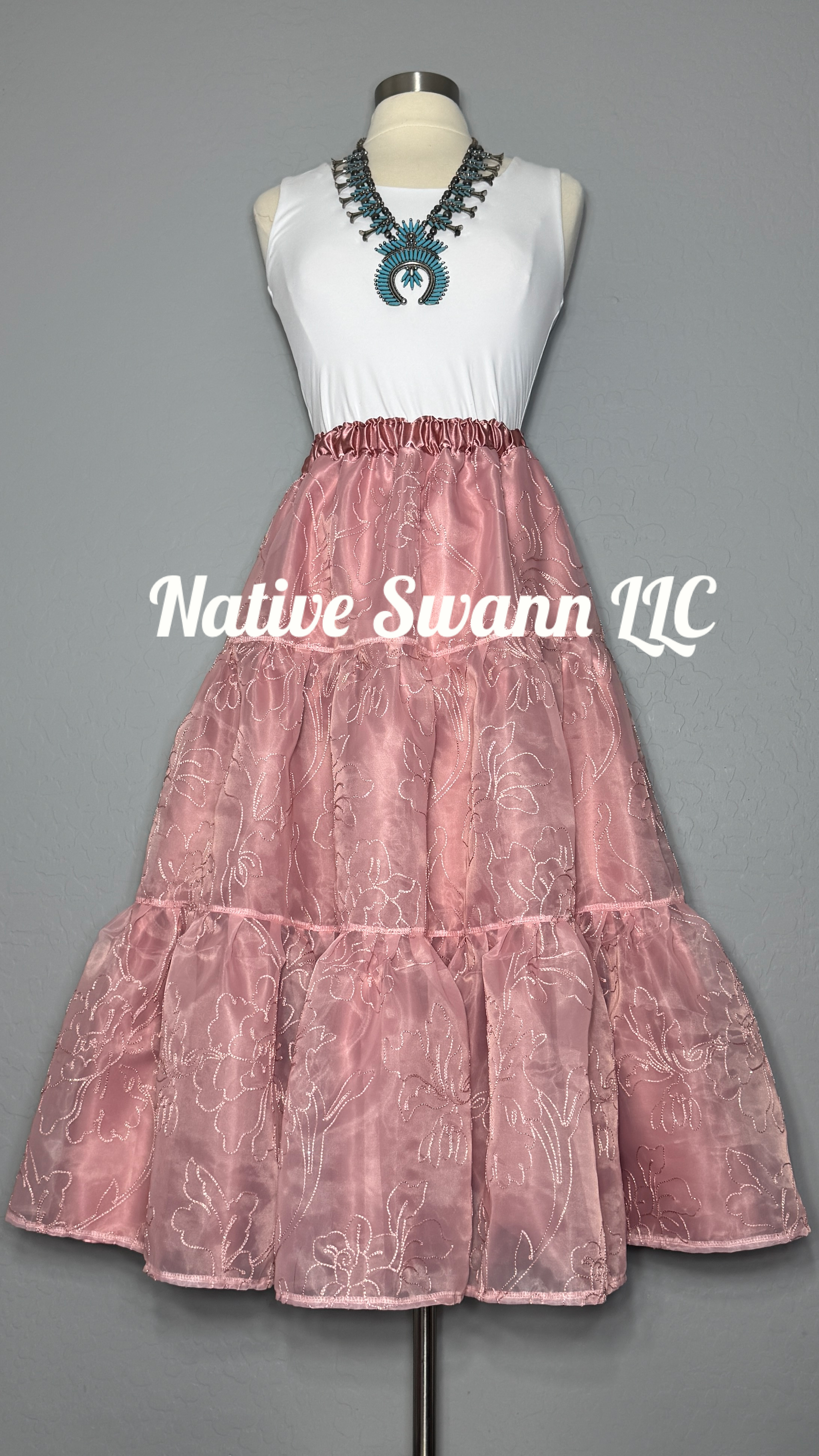 3-Tier Mauve+Pink Floral Overlay Satin Skirt