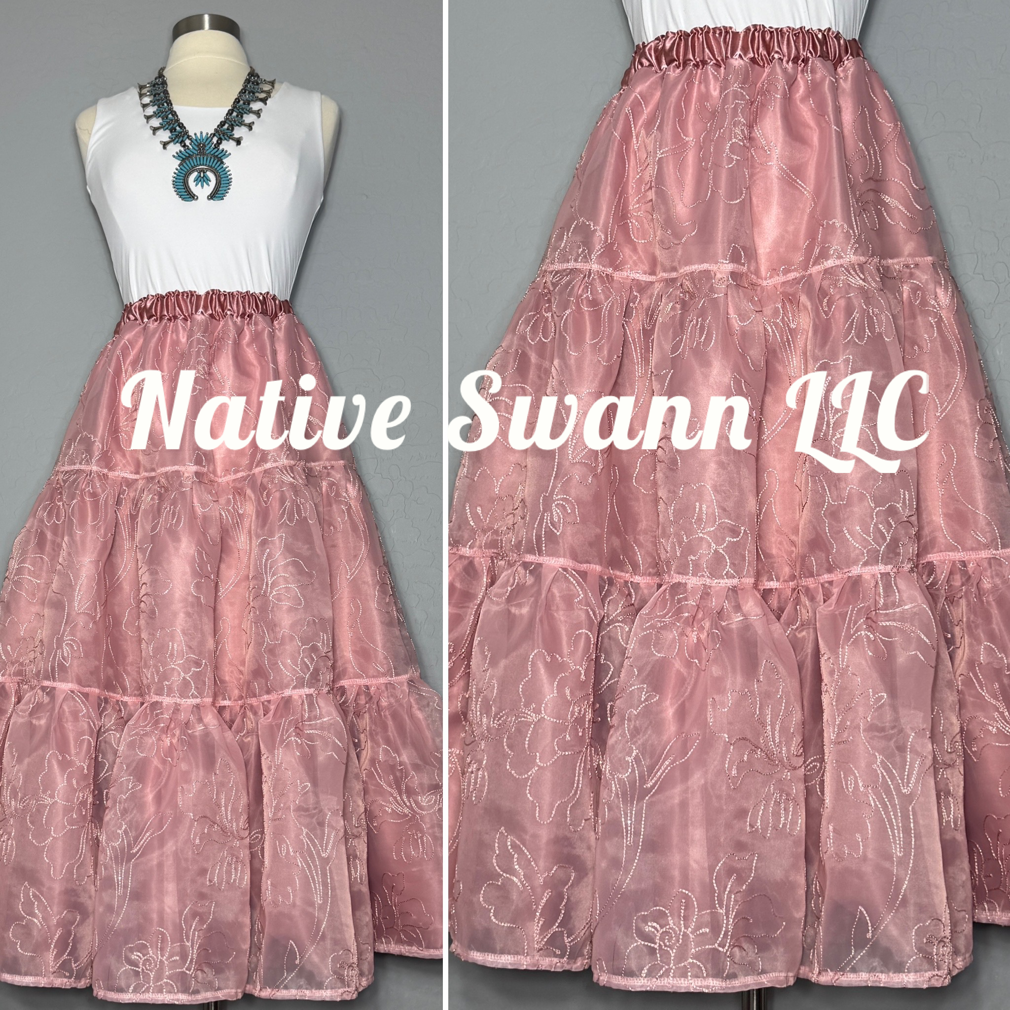 3-Tier Mauve+Pink Floral Overlay Satin Skirt