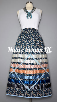 NEW Blues + Peach Flowers Cotton Ribbon Skirt w/ Pockets