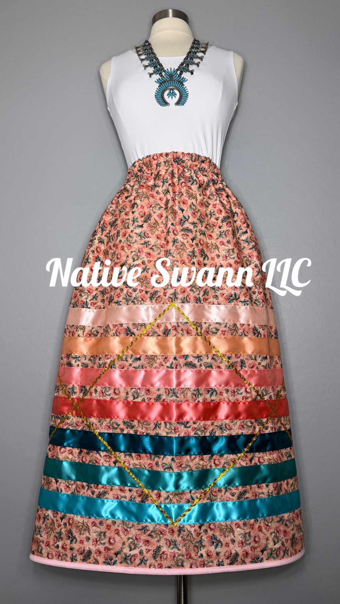 NEW Peach Florals Cotton Ribbon Skirt w/ Pockets