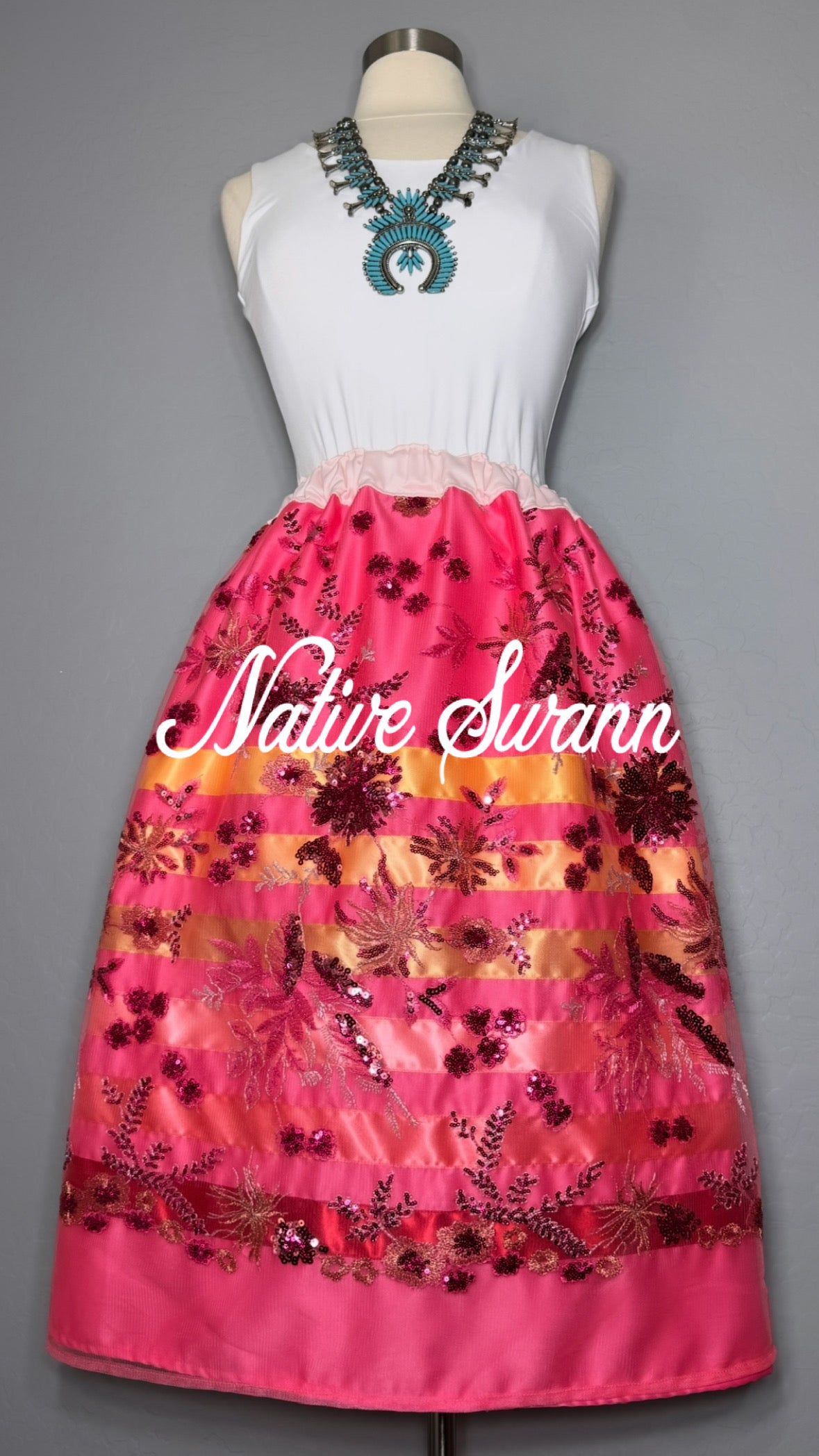 Sherbet Floral Sequins Overlay Satin Ribbon Skirt