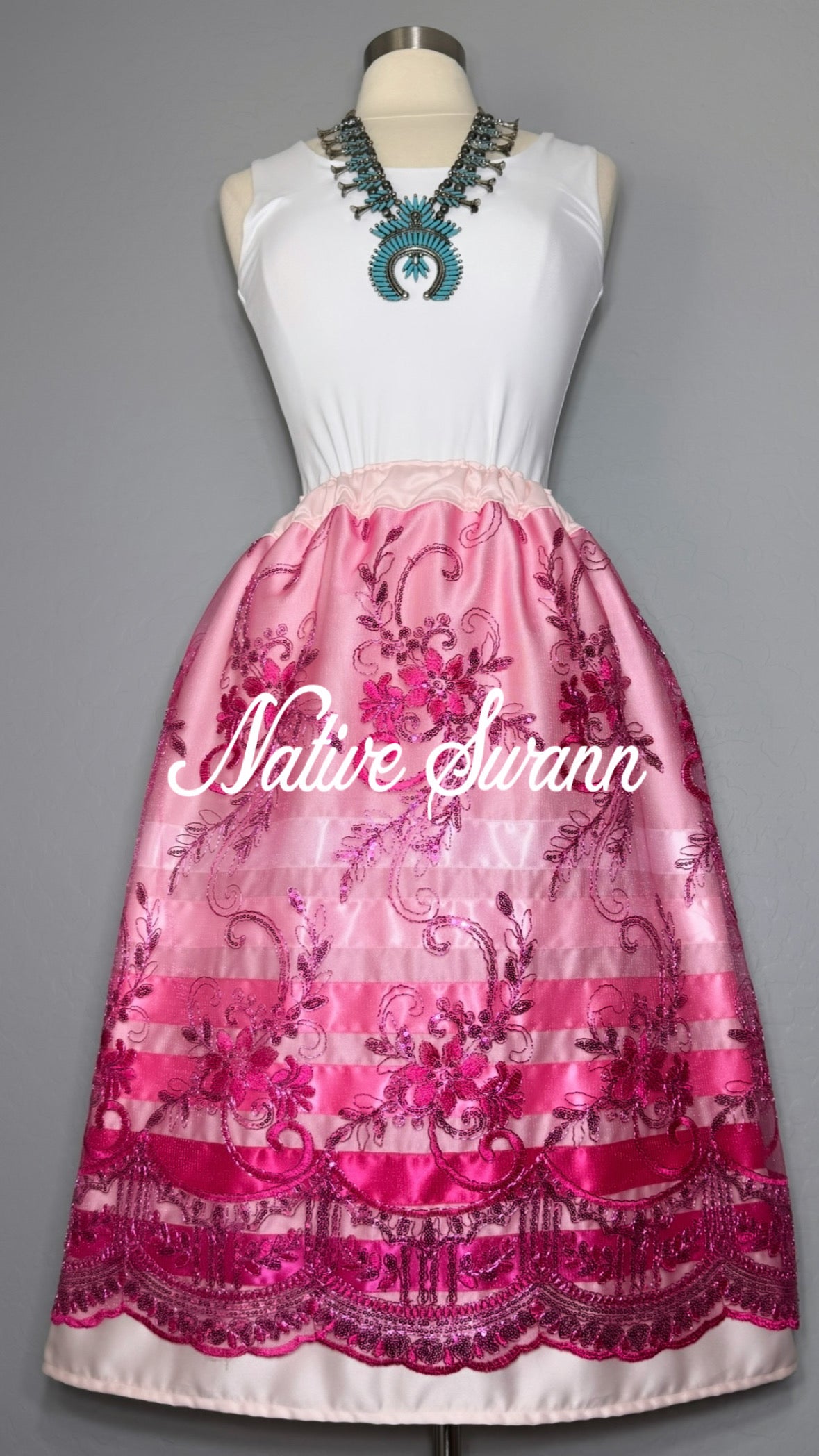 Lt. Pink-Pink Floral Overlay Satin Ribbon Skirt