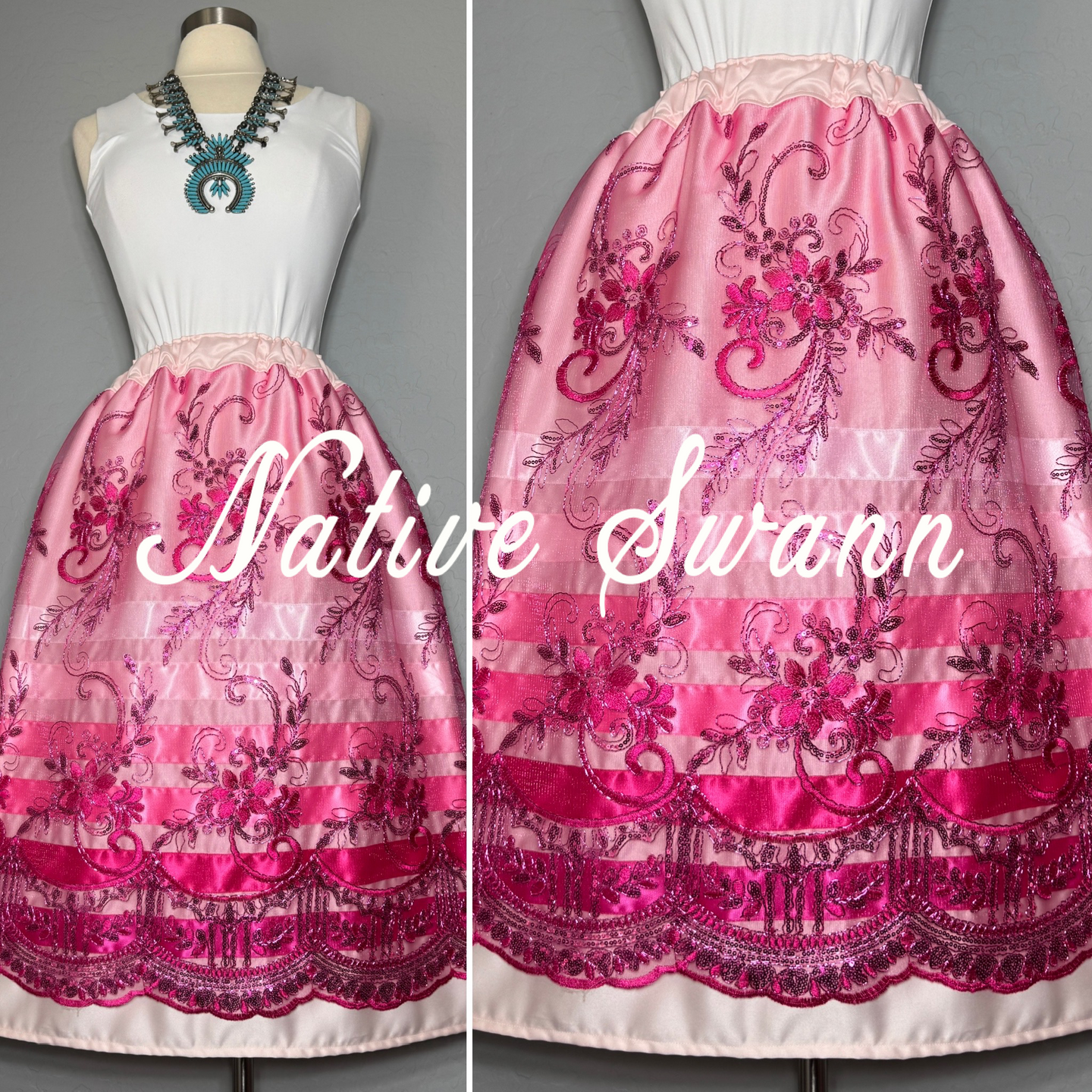 Lt. Pink-Pink Floral Overlay Satin Ribbon Skirt
