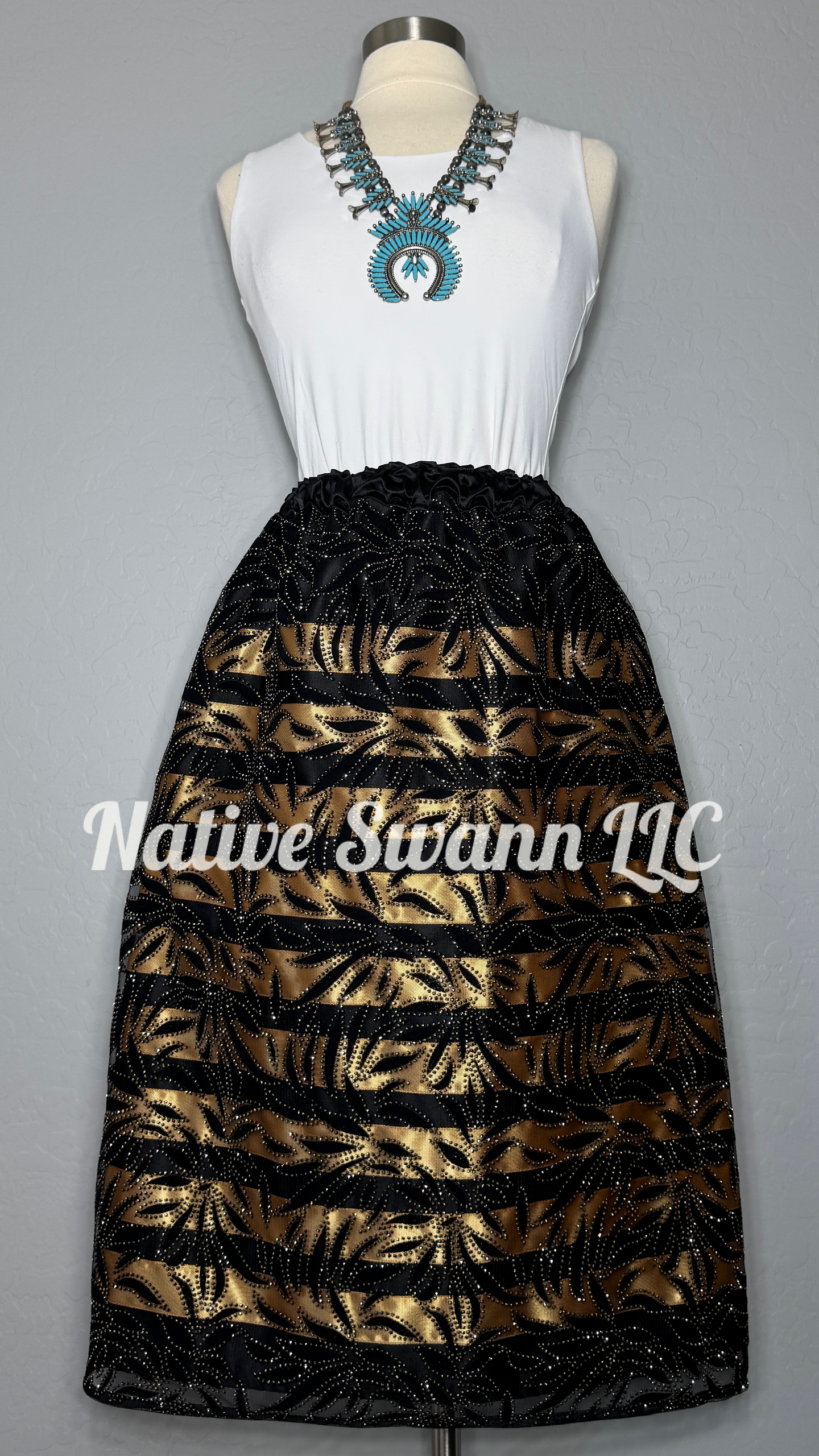 Black+Gold Suede Floral w/ Glitter Overlay Satin Ribbon Skirt