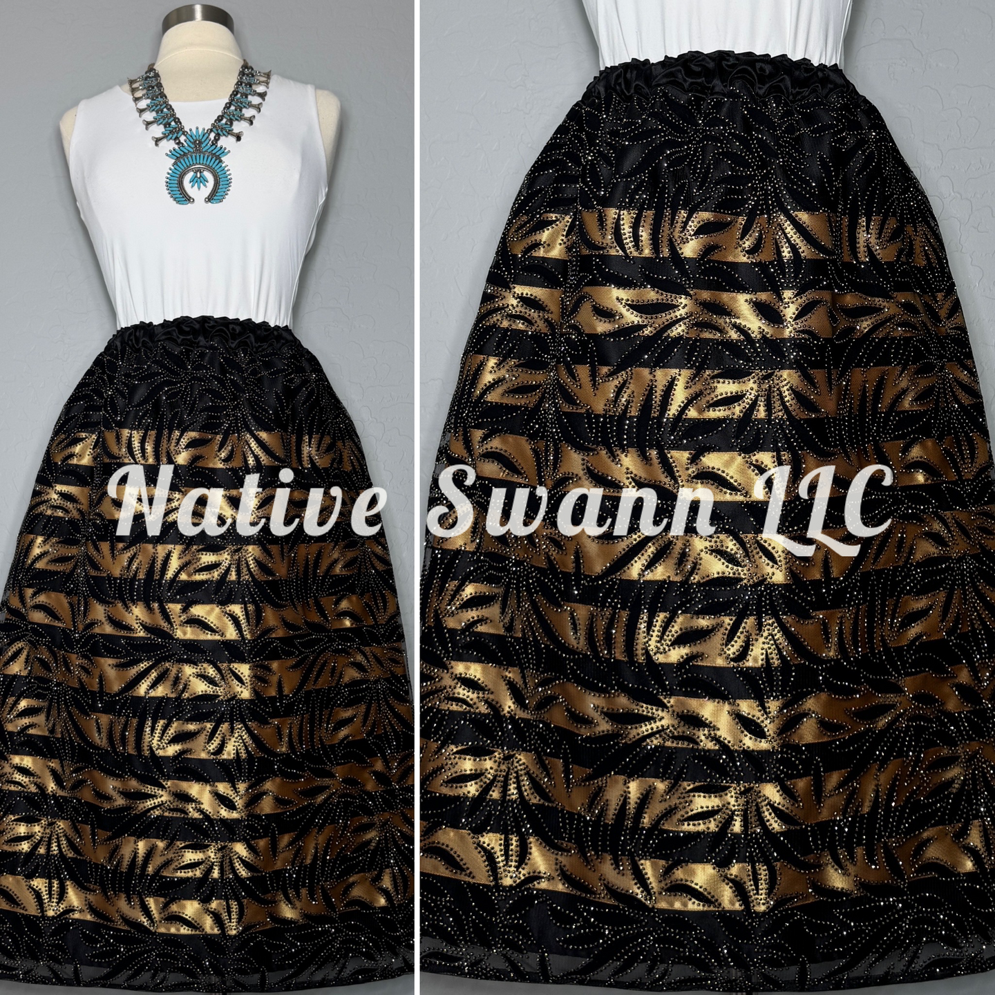 Black+Gold Suede Floral w/ Glitter Overlay Satin Ribbon Skirt