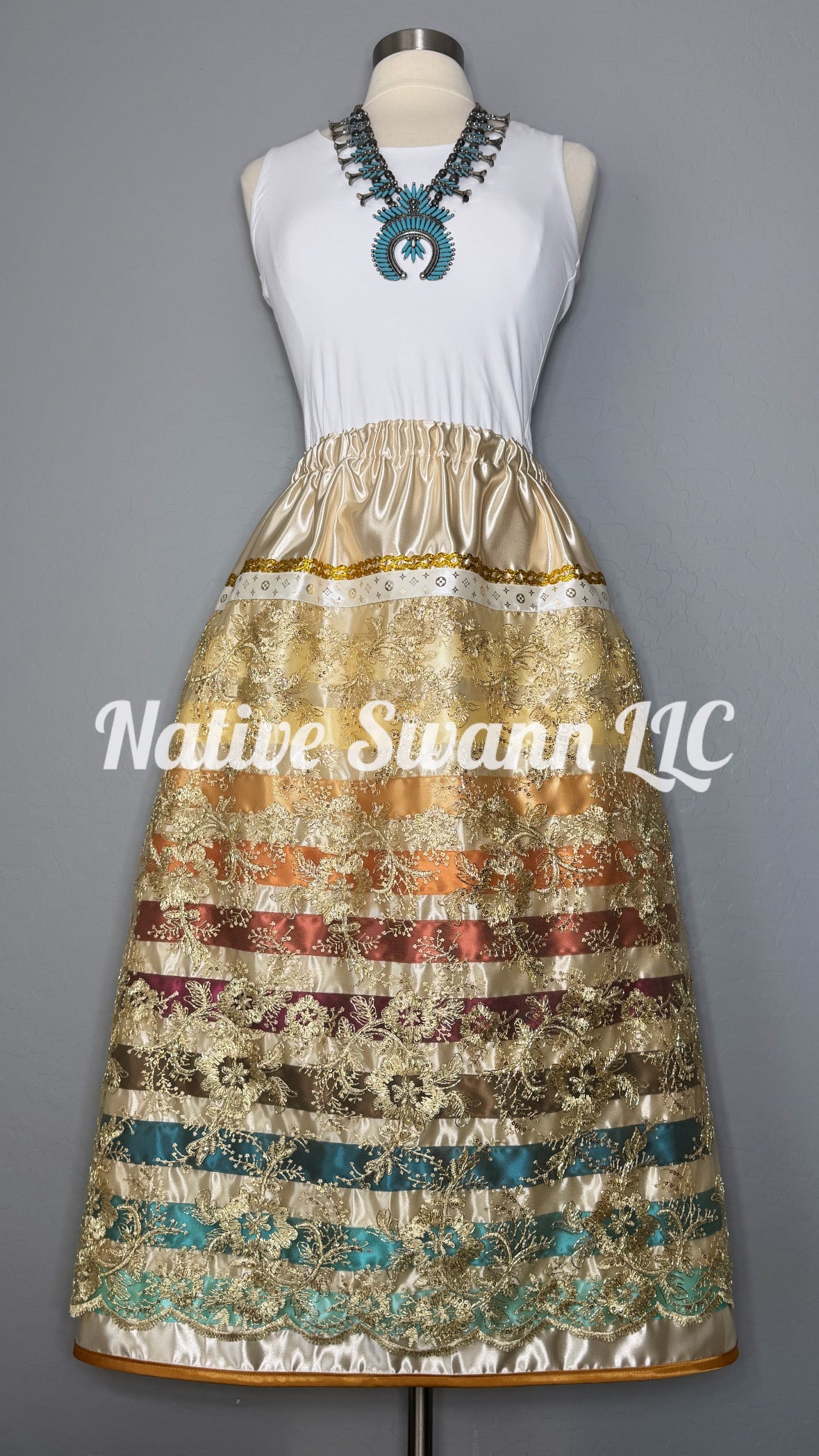Beige-Gold Floral Emb. Overlay Satin Ribbon Skirt