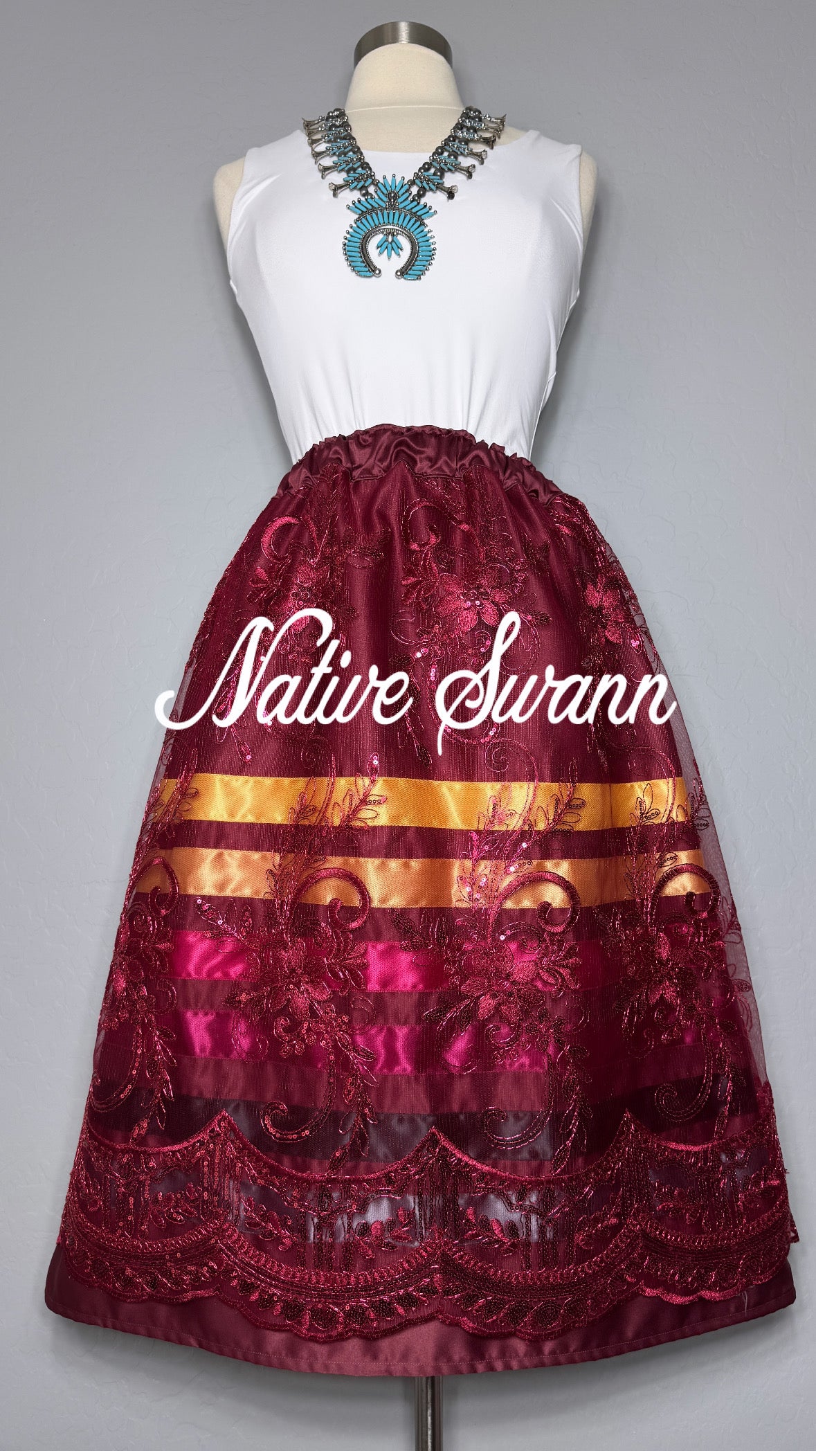 Arizona Burgundy Floral Overlay Satin Ribbon Skirt