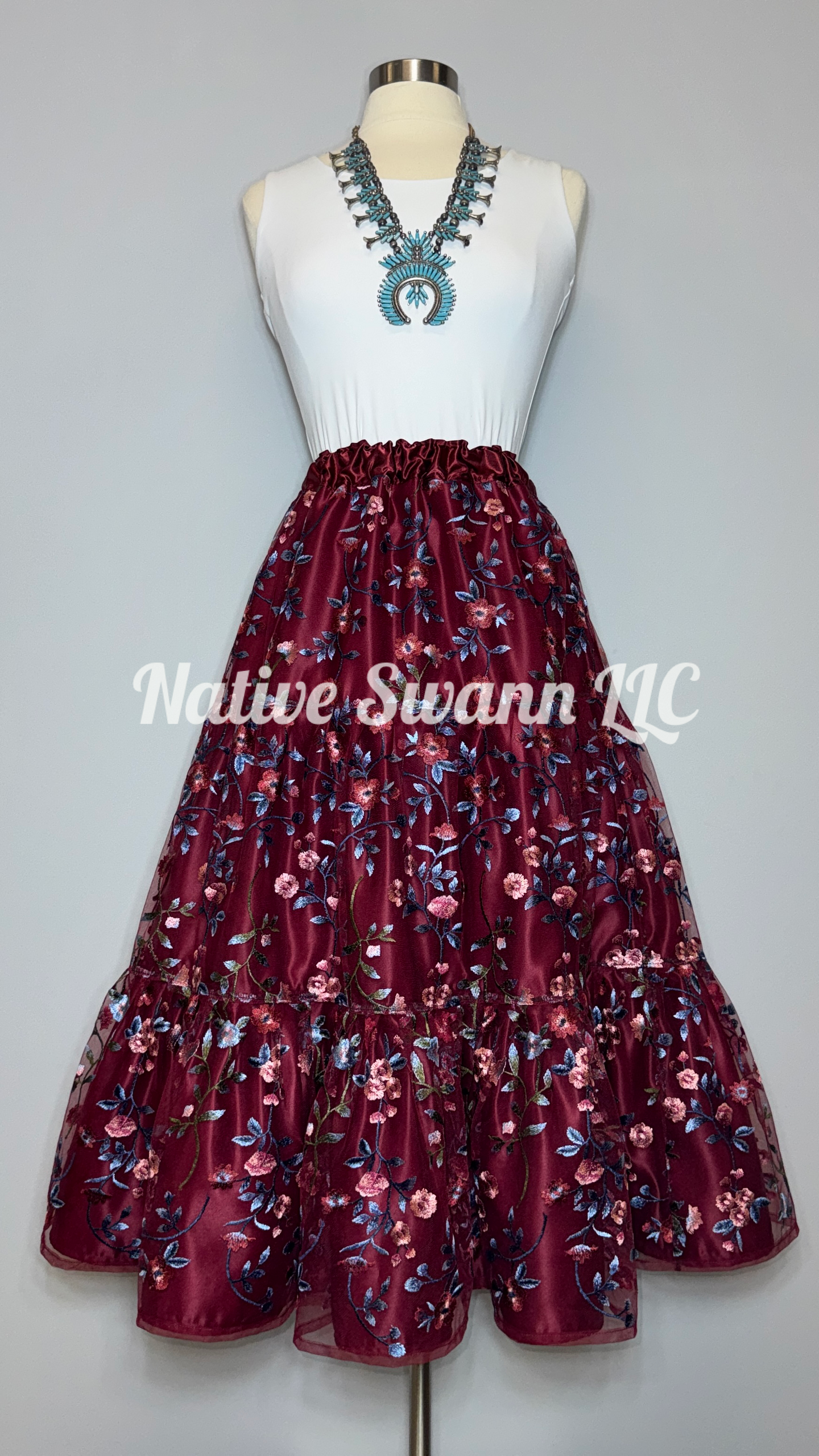 Burgundy Embroidered Floral 3 Tier Overlay Satin Skirt