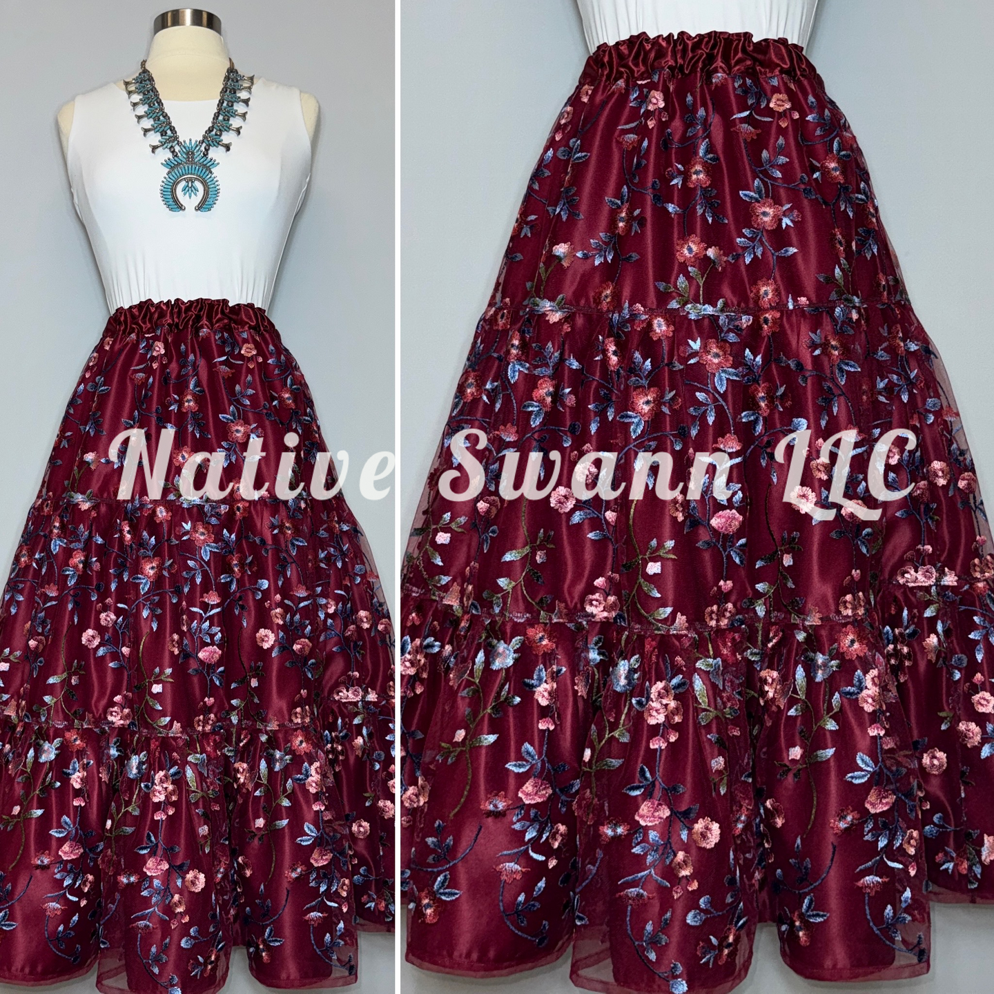 Burgundy Embroidered Floral 3 Tier Overlay Satin Skirt