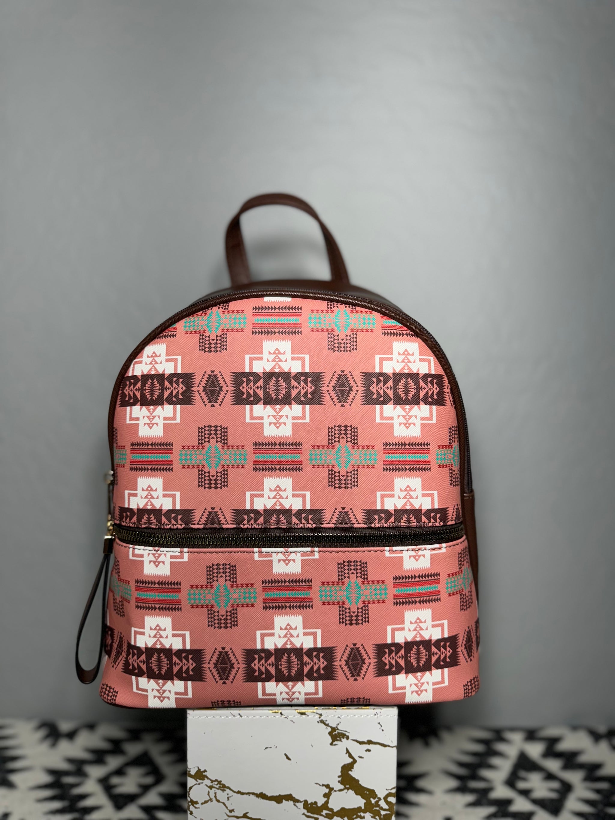 Peach-Brown Native Design Mini-Backpack