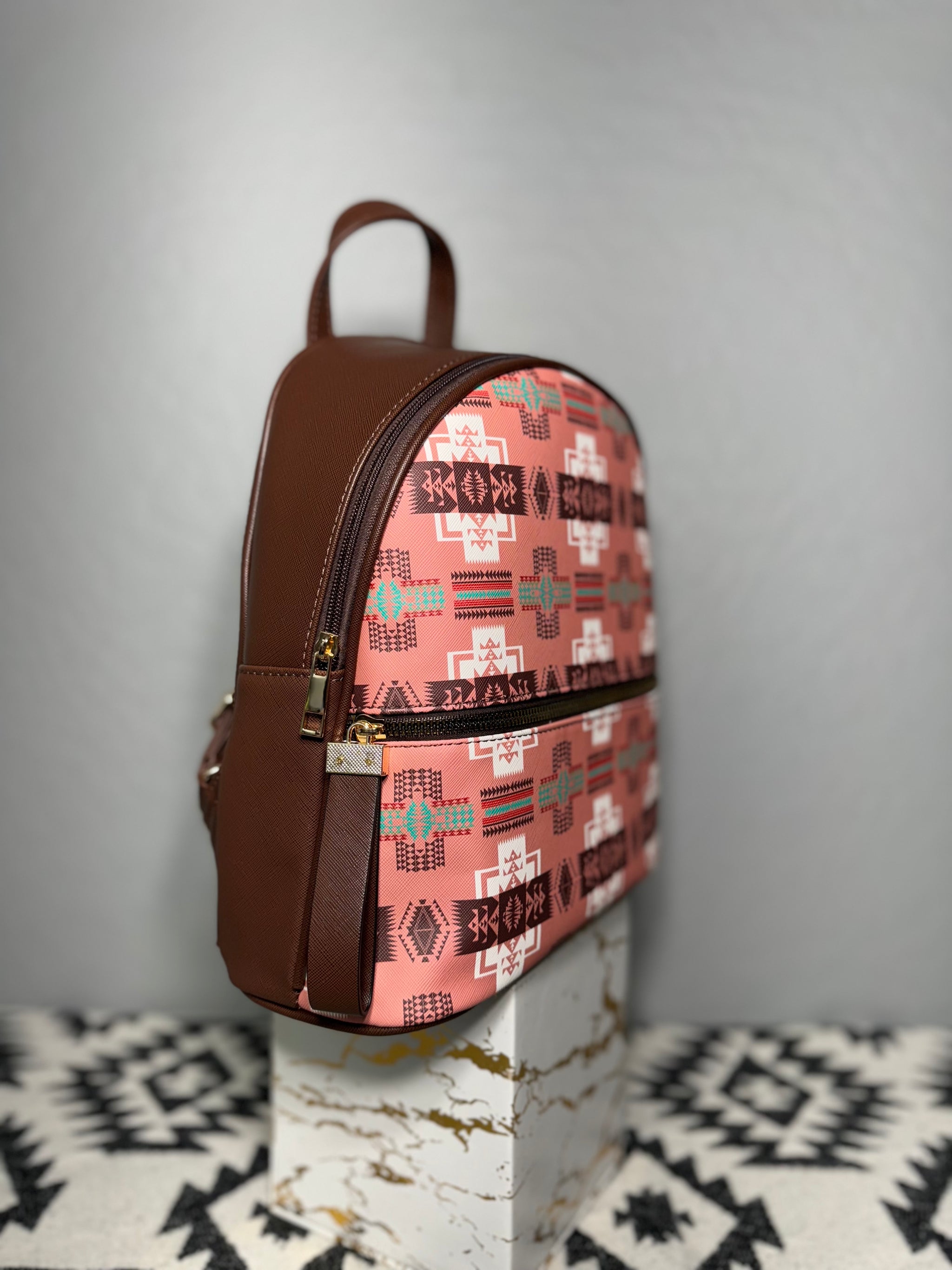 Peach-Brown Native Design Mini-Backpack