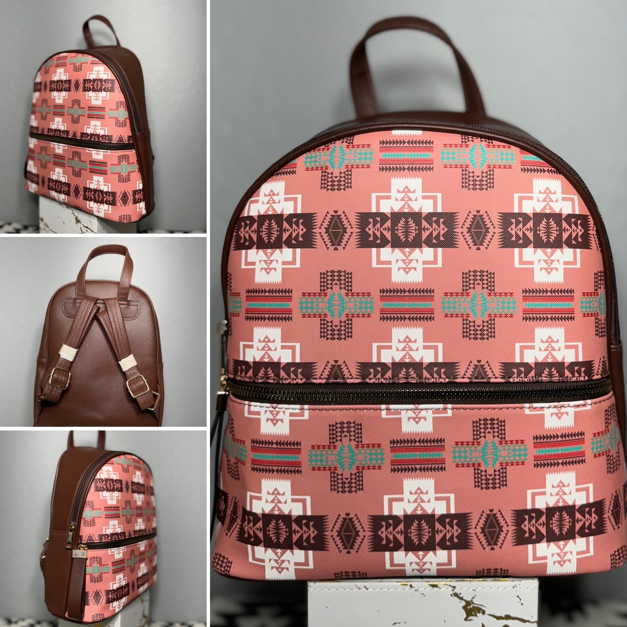 Peach-Brown Native Design Mini-Backpack