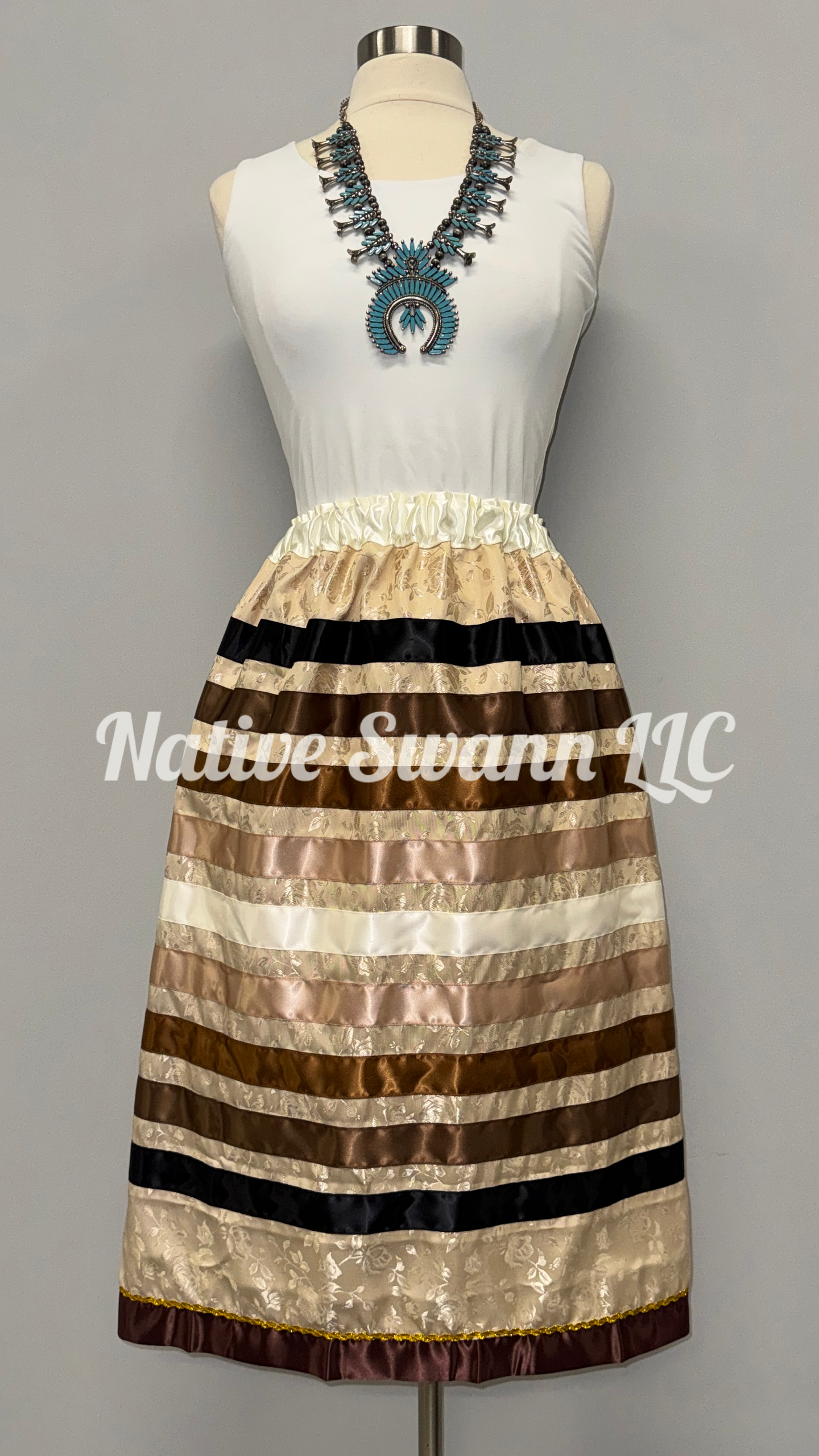 Beige Roses Satin Ribbon Skirt w/ Pockets