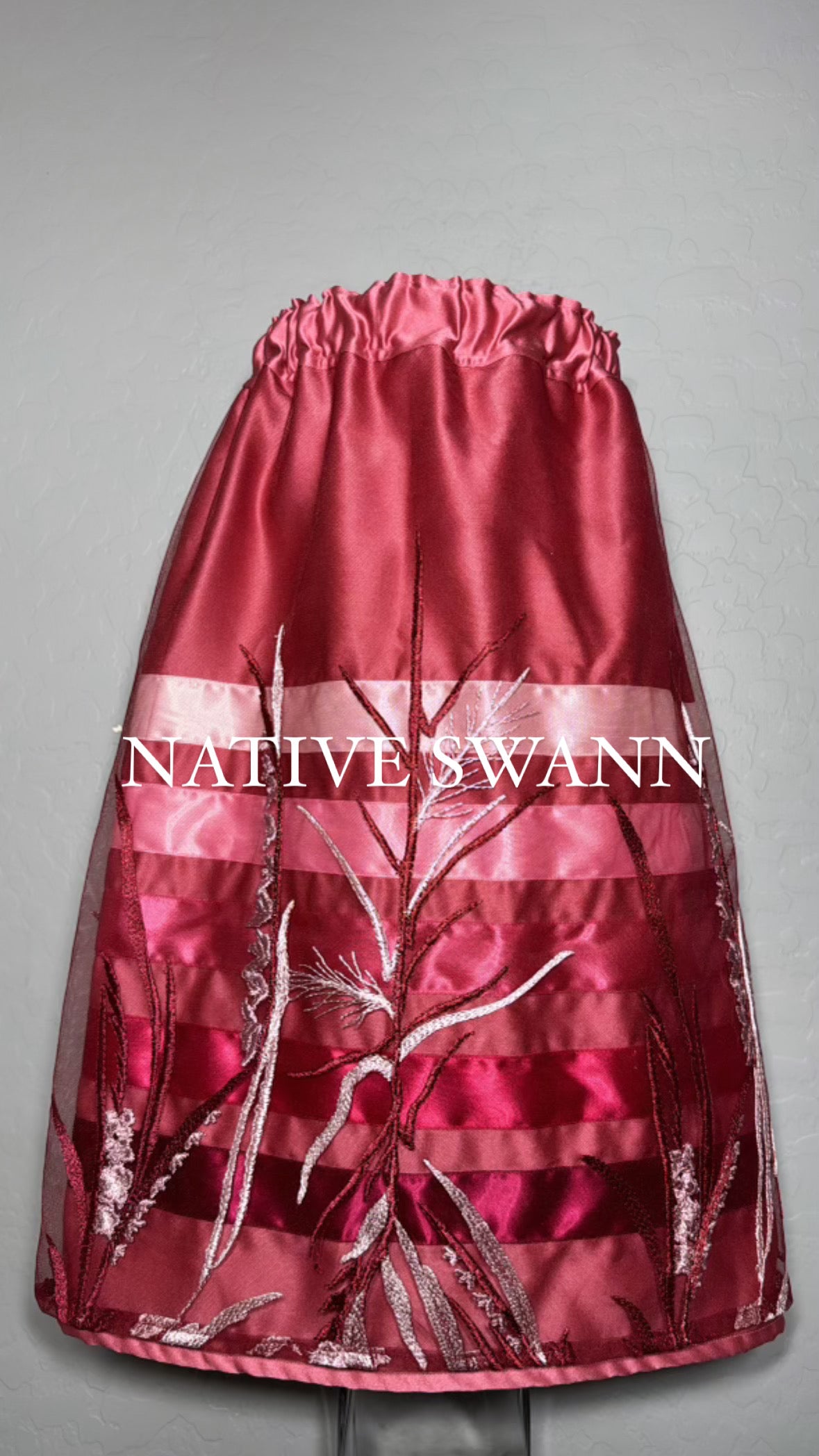 Little Girls Burgundy Floral Overlay Satin Ribbon Skirt