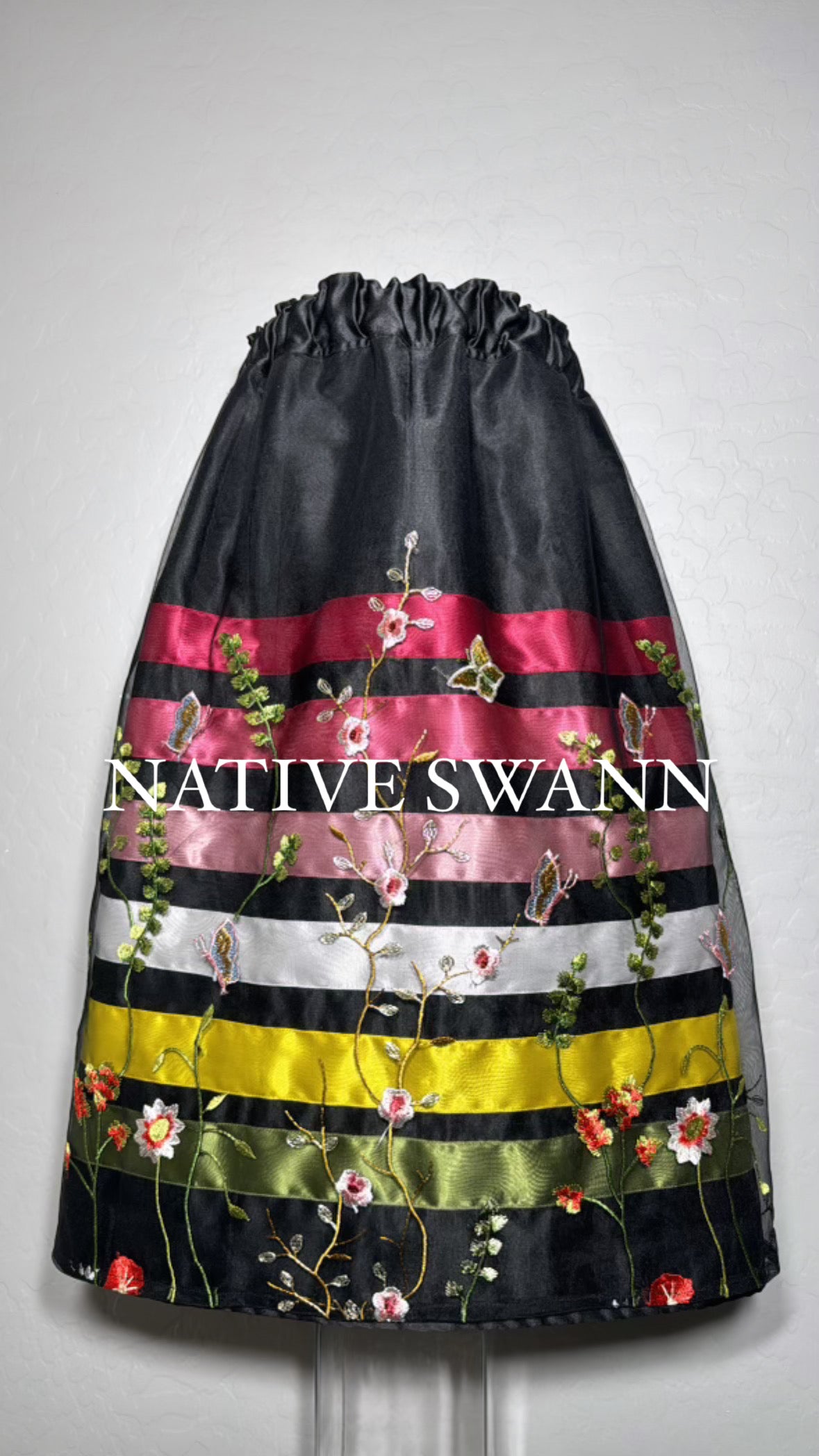 Little Girls Black Emb. Floral Overlay Satin Ribbon Skirt